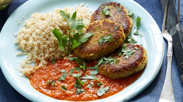 Kikærtedeller med stærk peberfrugtsauce