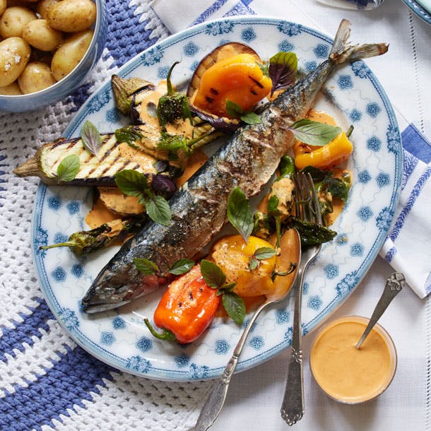 Makrel, aubergine og peberfrugt med paprikadressing