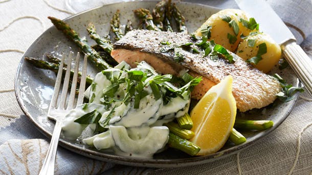 Ørredfilet med asparges og cremet agurkesalat på tallerken