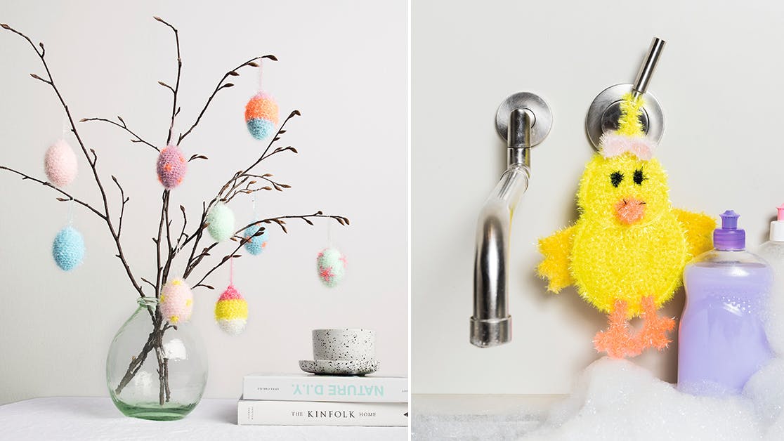 Gratis hæklede påskerier: Farverige påskeæg og sød påskekylling