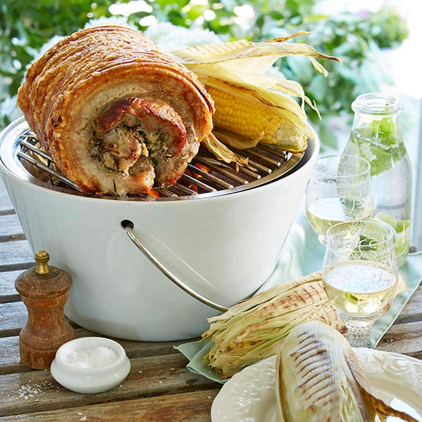 Porchetta med grillede majs