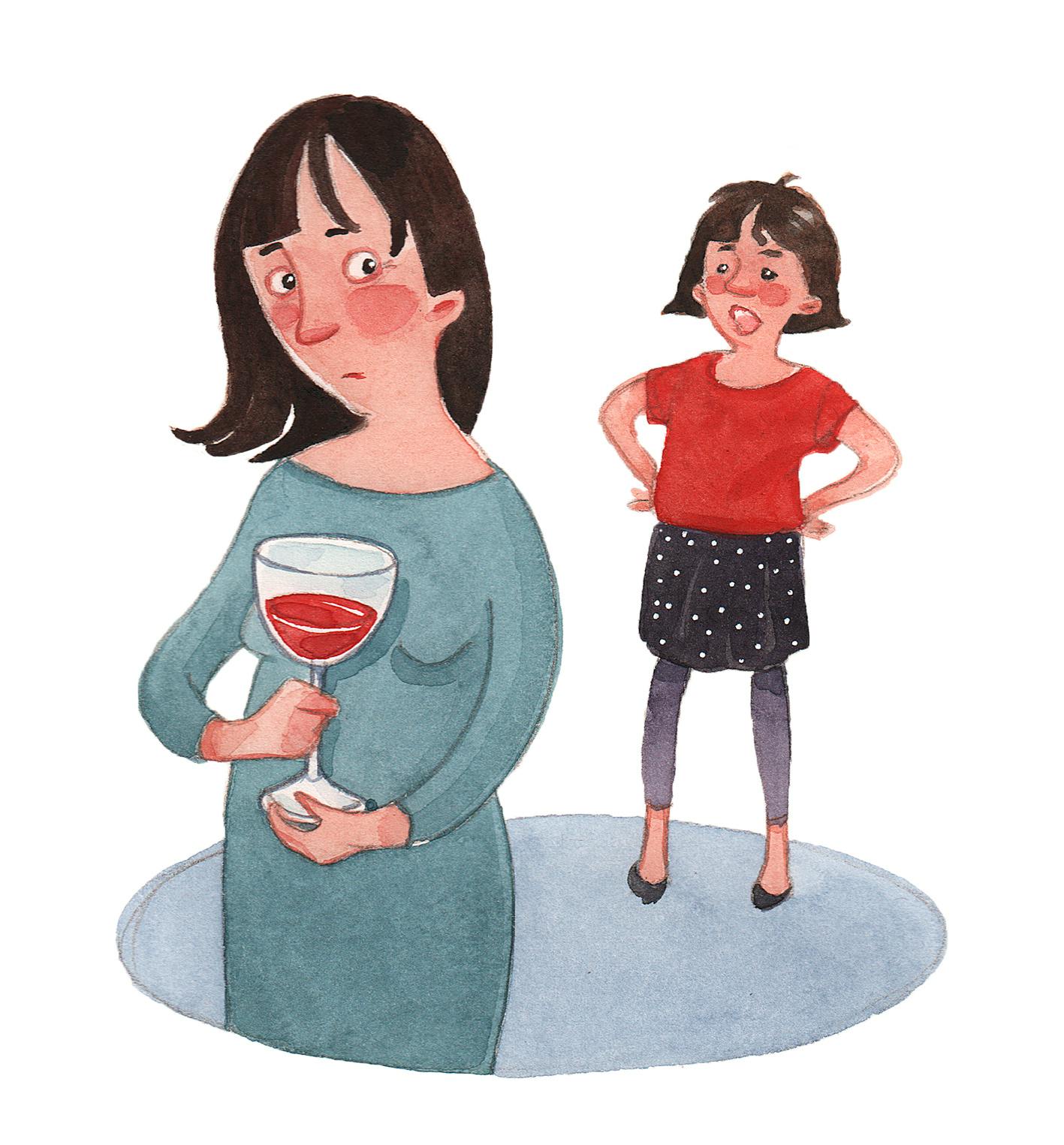 Brev til Puk. Illustration af kvinde der er flov over at hun drikker
