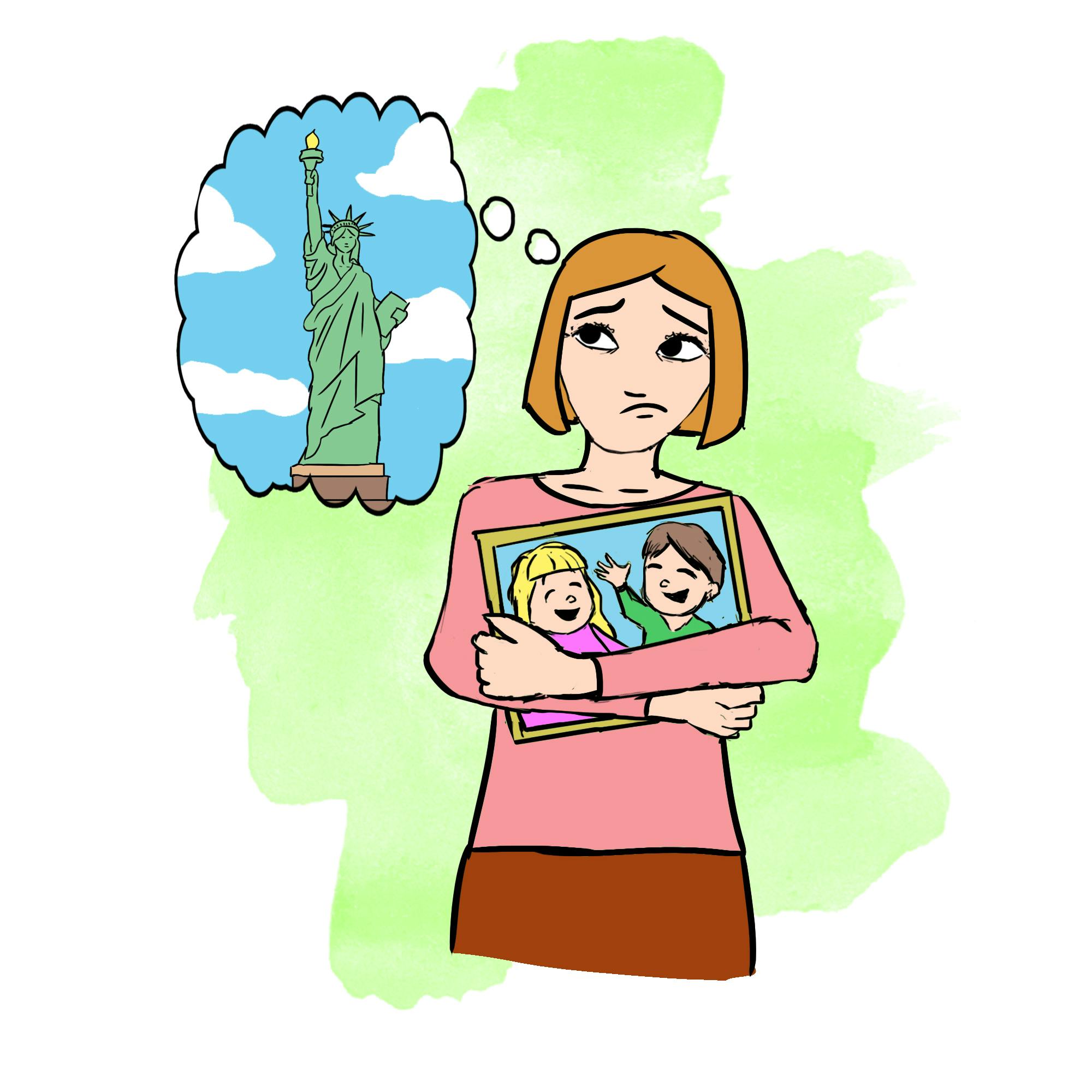 Illustration til Puk Elgårds brevkasse - kvinde der krammer billeder af børn