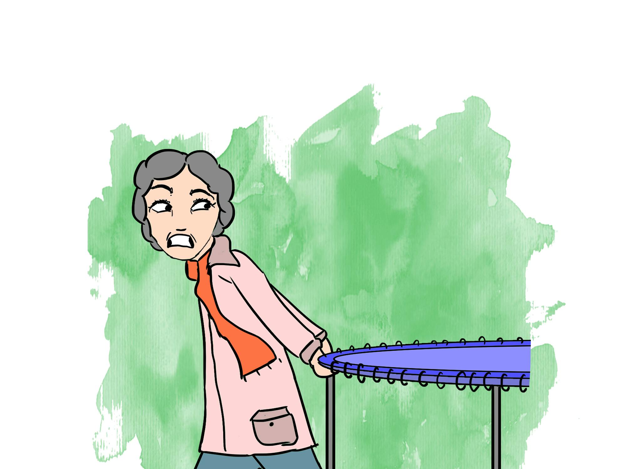 Illustration til Puk Elgård brevkasse af kvinde der rykker trampolin