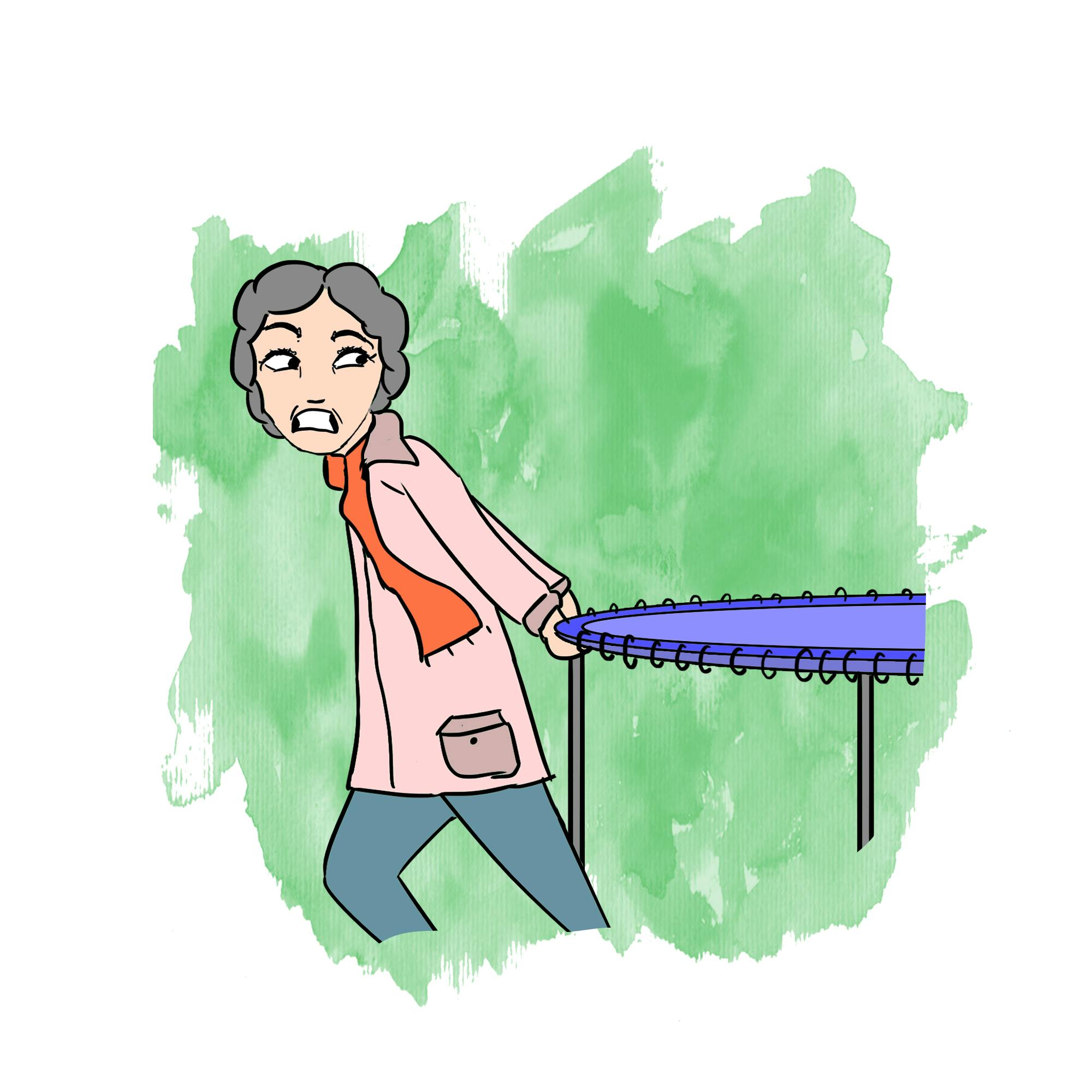 Illustration til Puk Elgård brevkasse af kvinde der rykker trampolin