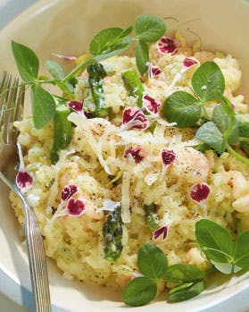 Smagfuld risotto med rejer, asparges og ærtespirer