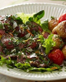 Roastbeef med parmasandrys og timianstegte kartofler