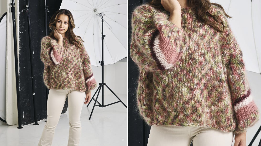 Strik: Sweater med striber på ærmer. Garn med smukt farvespil giver liv til det enkle design.