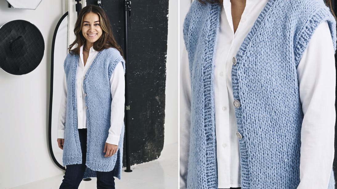 Strik: Lang vest med rhinsten knapper