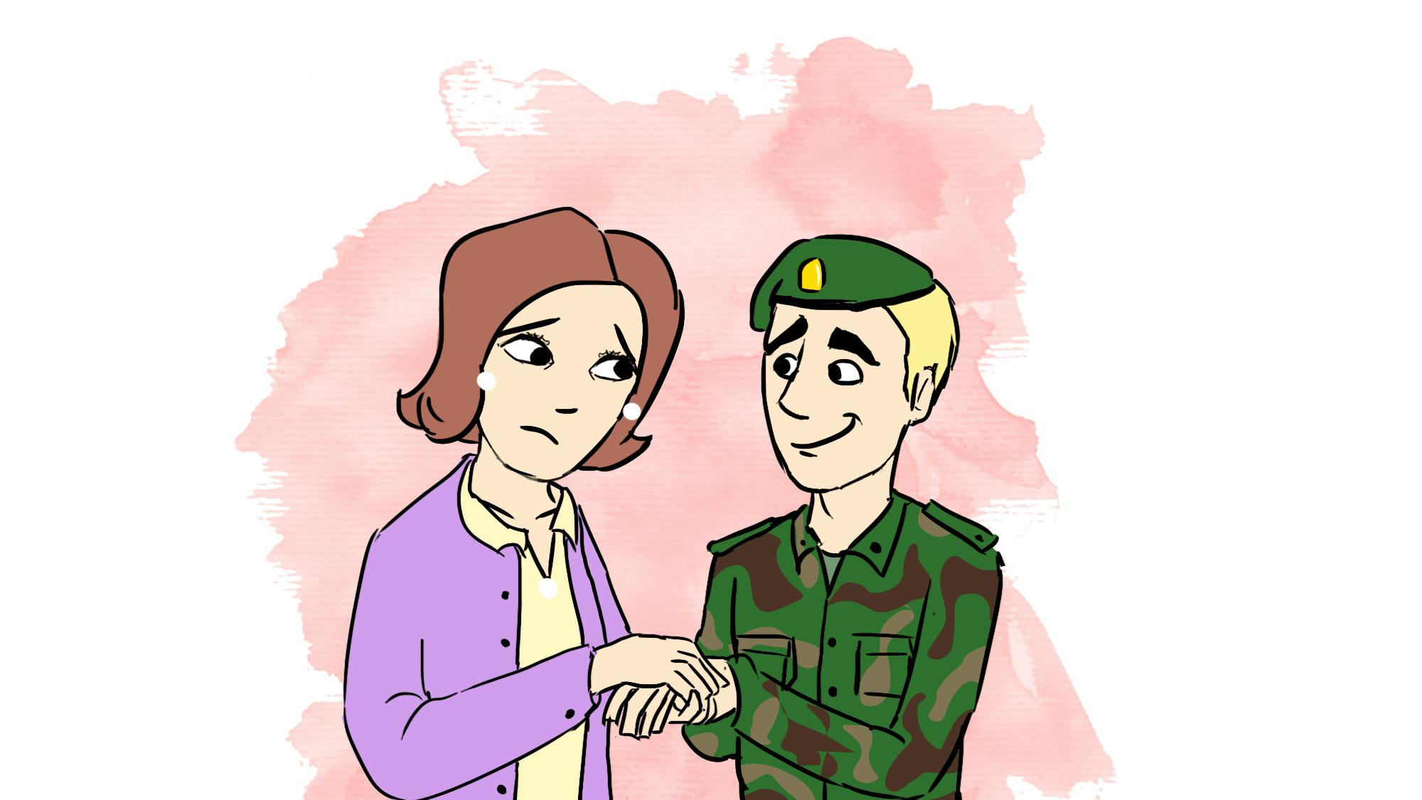 Trist mor med sin søn i soldateruniform