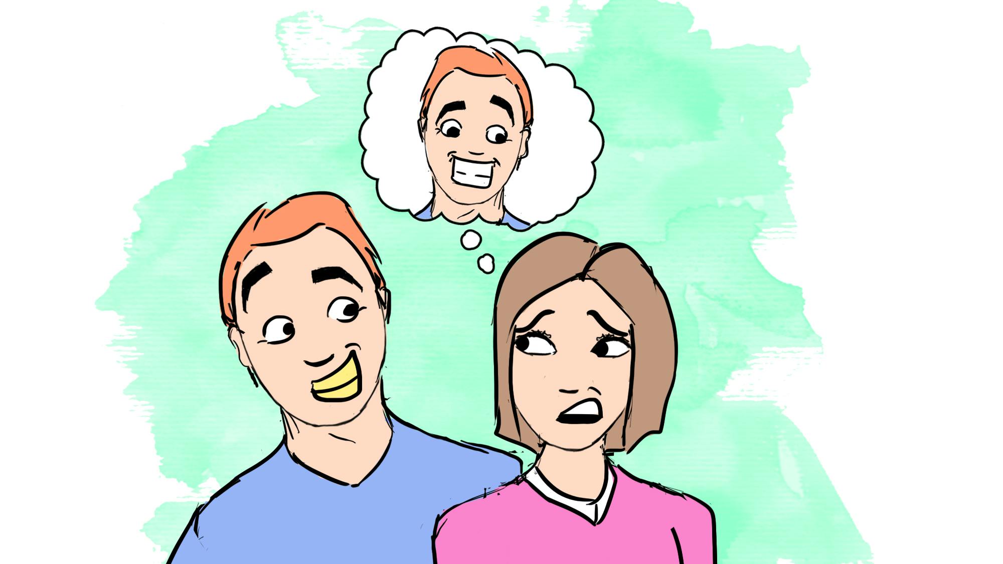 En mand og en kvinde. Manden har gule tænder.