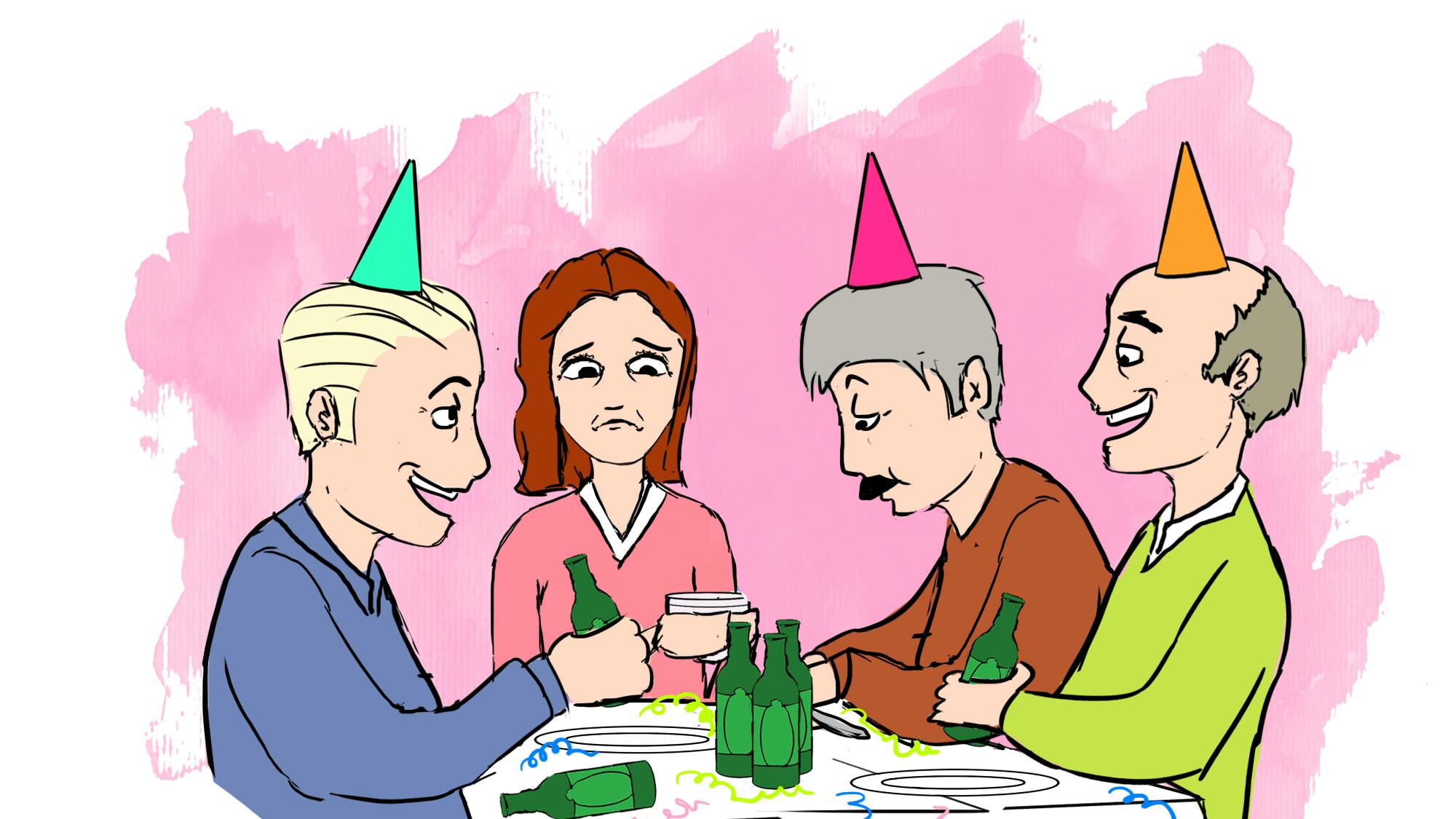 Tre mænd og en kvinde der sidder ved et bord og fejrer nytårsaften.