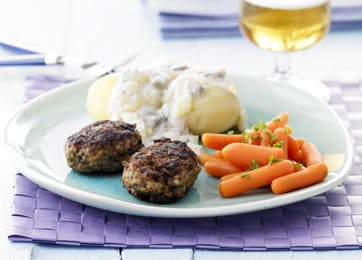 Frikadeller med champignon og cremet løgsovs