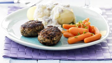 Frikadeller med champignon og cremet løgsovs
