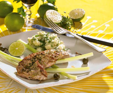 Limemarineret skinkeschnitzel med mos af knoldselleri