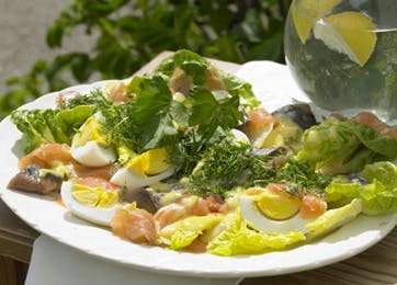 Lækker sommer-salat med laks, sild og æg