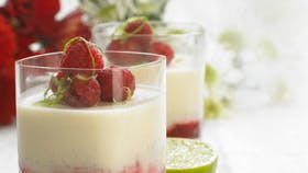 Italiensk panna cotta med hindbær og lime