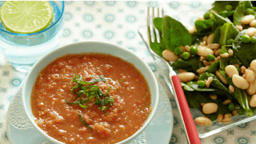 Gazpacho på tomat og hvidløg med spinatsalat
