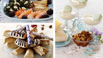 Årets nytårsmenu: Jomfruhummer, lakserulle, danske oste, champagne-syllabub til dessert og en dejlig varm nytårsdrik.